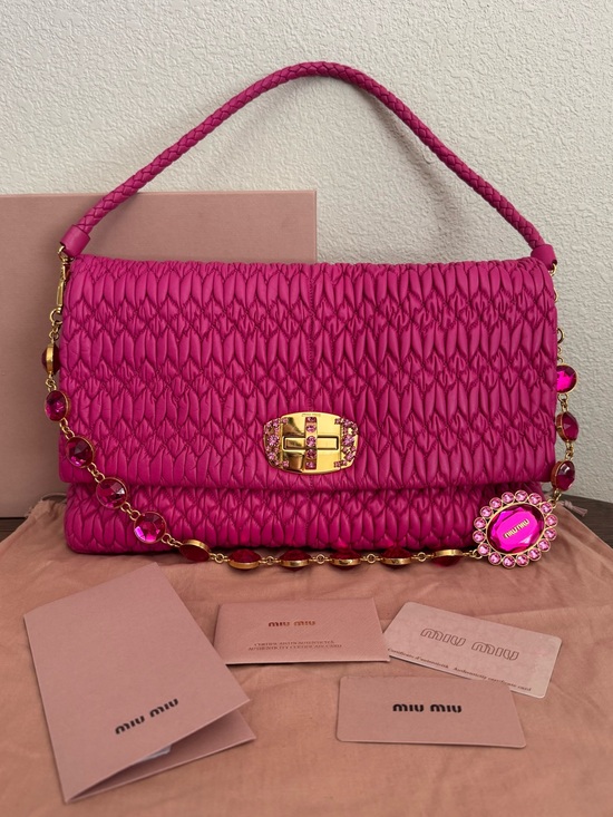 Miu Miu Handbags - MIU MIU Large Lambskin Quilted Leather Shoulder Bag with Jeweled Crystal Chain